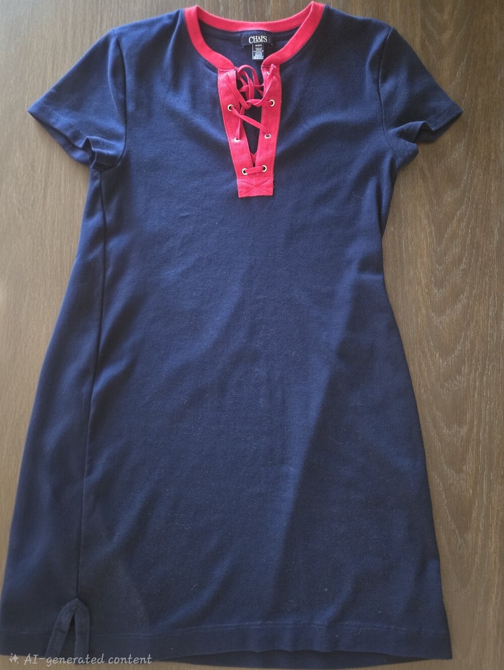 🛟Chaps Navy Dress With Red Lace-Up Neckline